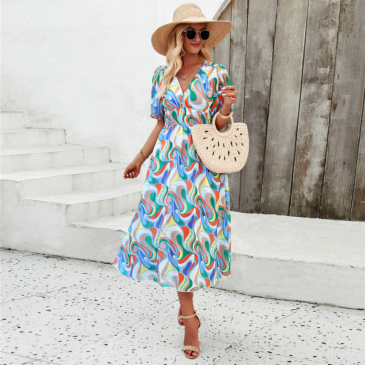 Casual Print Boho Maxi Dress With Waist Tucked In Zalor