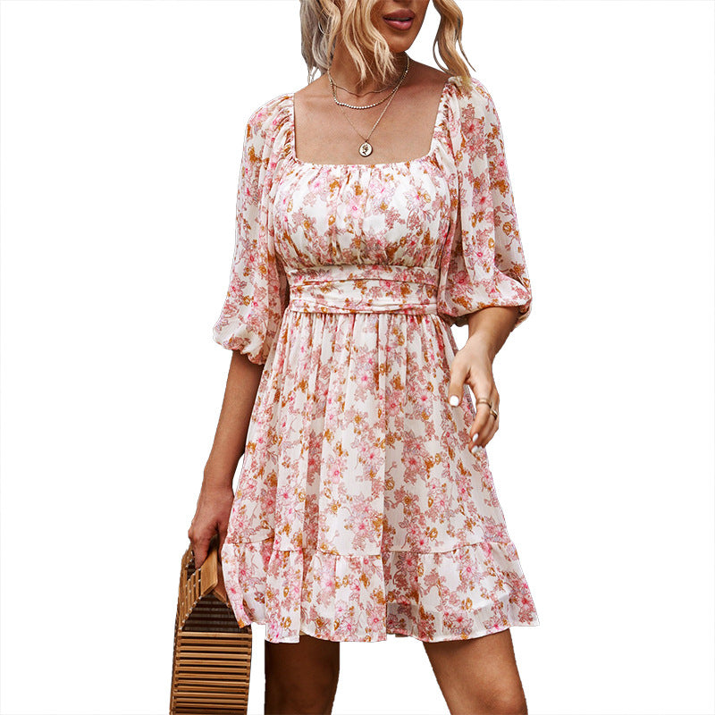 Waisted Lantern Sleeve Floral Skirt Ruffled Half-Sleeved Dress