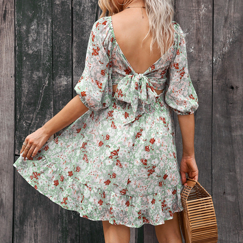 Waisted Lantern Sleeve Floral Skirt Ruffled Half-Sleeved Dress