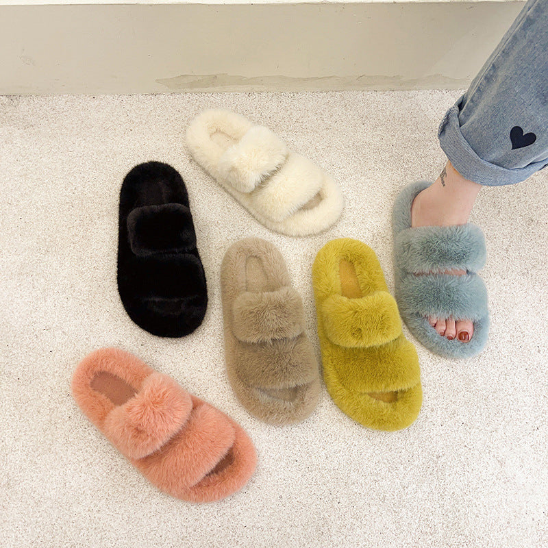 Women's Double Strap Fluffy Slippers