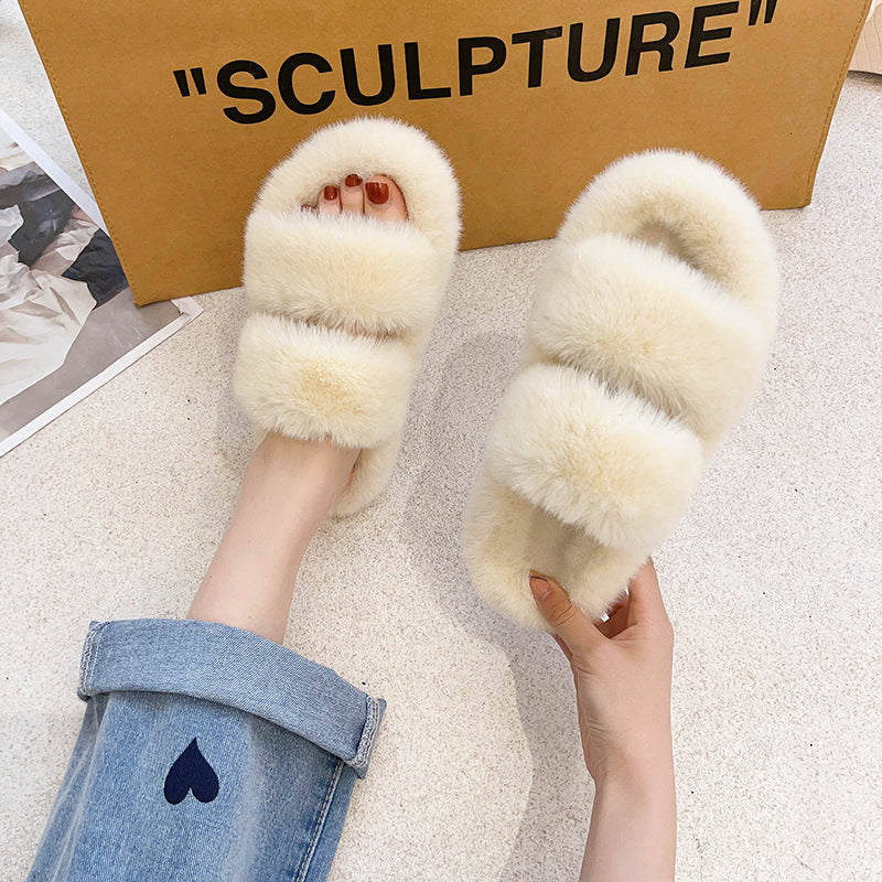 Women's Double Strap Fluffy Slippers