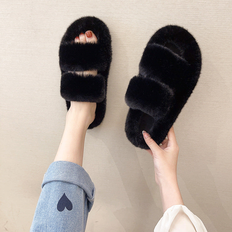 Women's Double Strap Fluffy Slippers