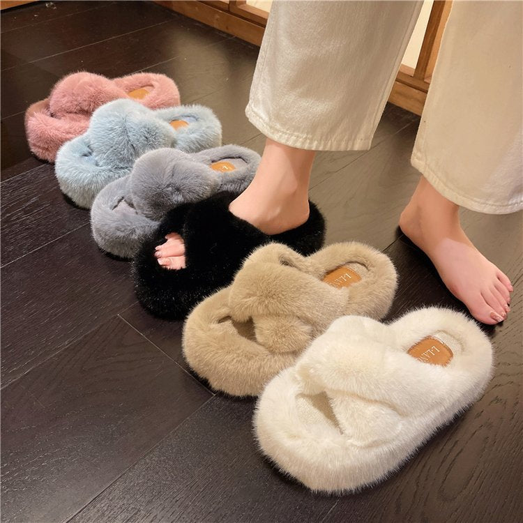 Women's Platform Fuzzy Criss Cross Fluffy Slippers