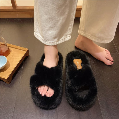 Women's Platform Fuzzy Criss Cross Fluffy Slippers