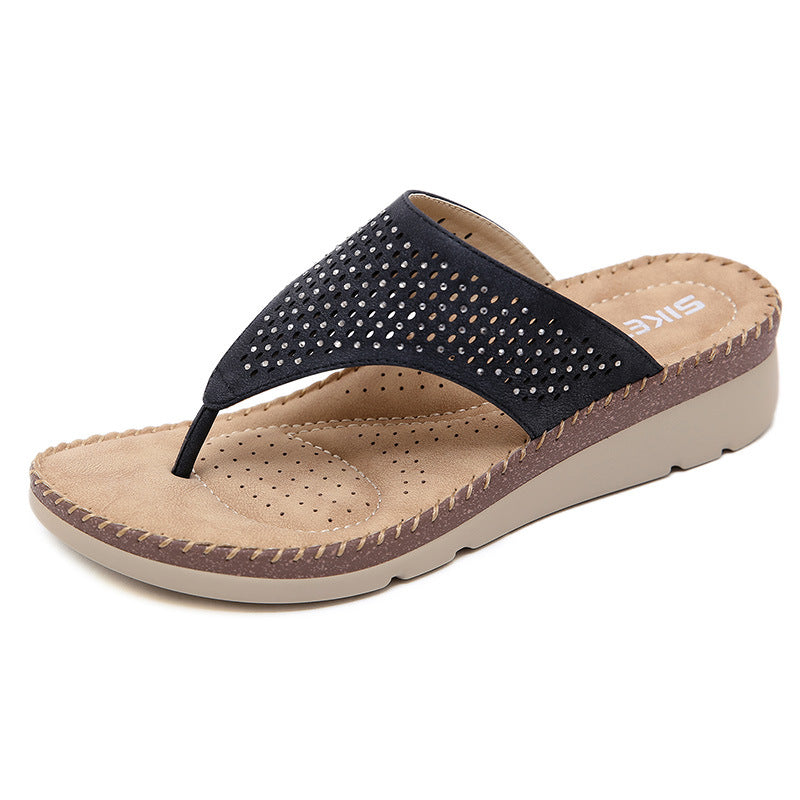 Leisure Platform Wedge Flip Flops With Beads