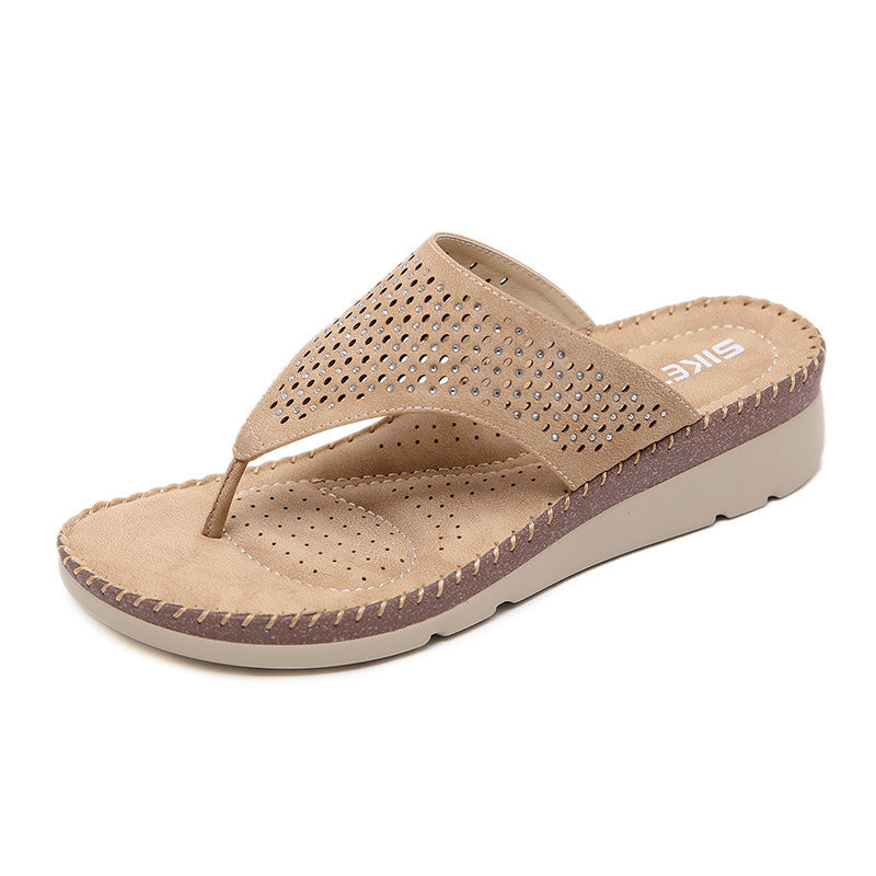 Leisure Platform Wedge Flip Flops With Beads