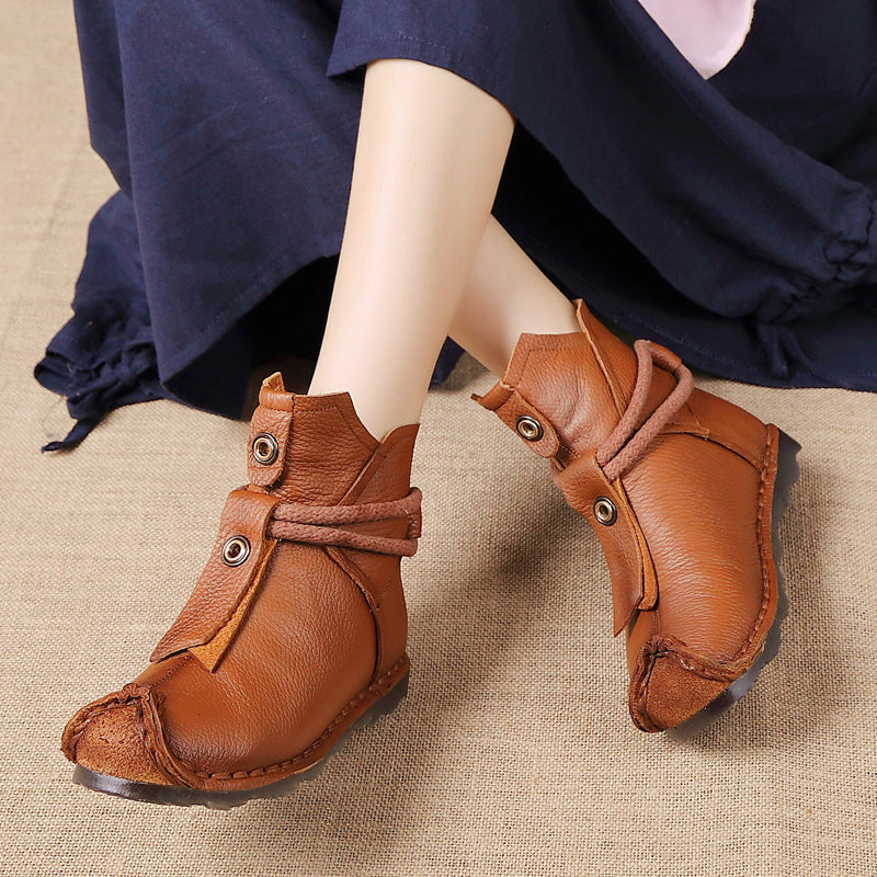 Folk Round Toe Genuine Leather Handmade Short Boots