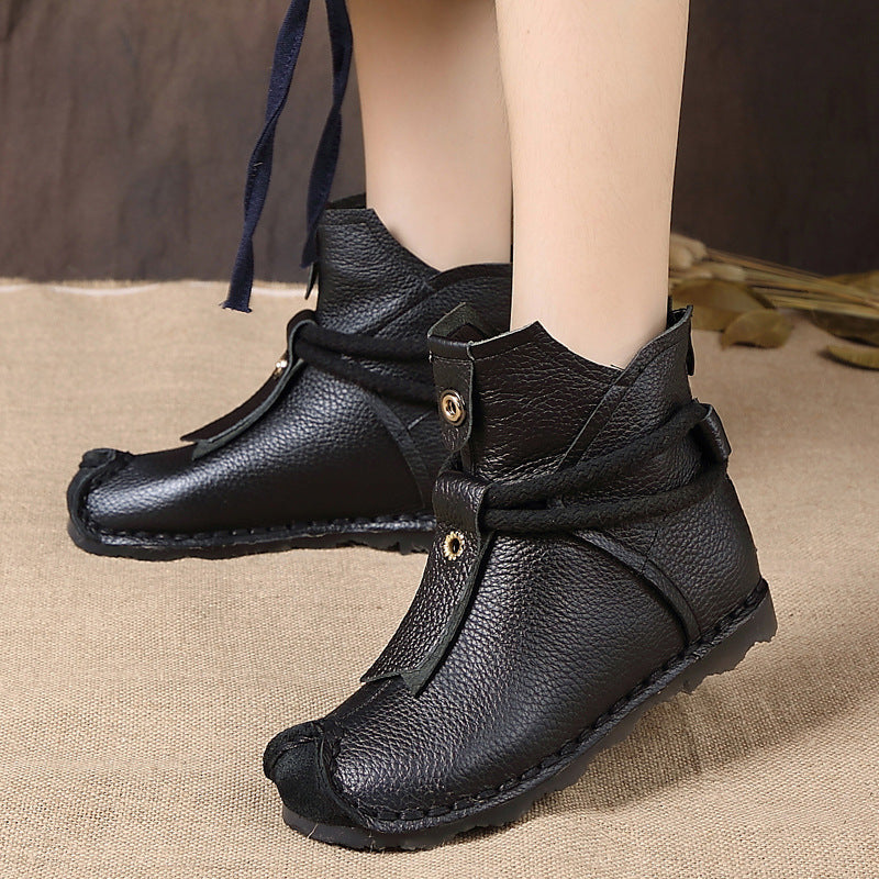 Folk Round Toe Genuine Leather Handmade Short Boots