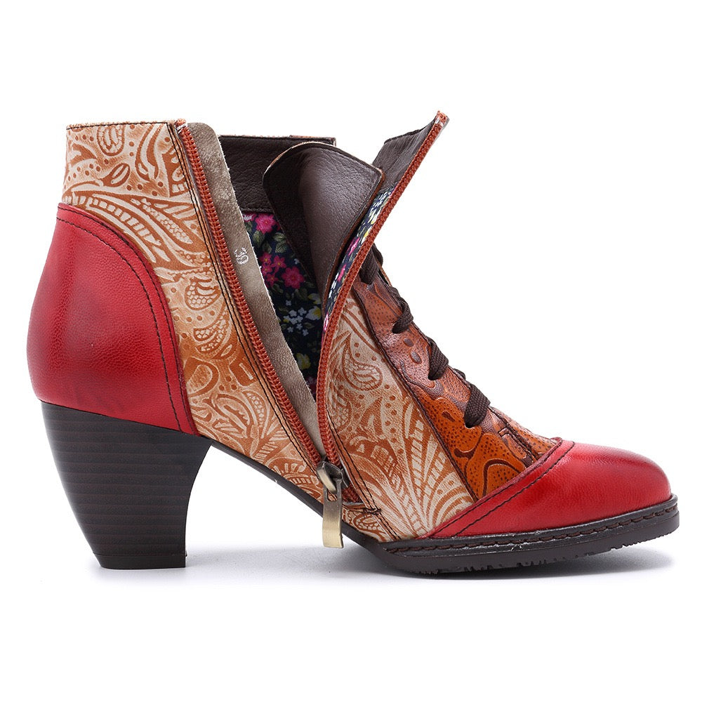 Handmade bohemian comfy genuine leather splicing hot sale jacquard lace up zipper flat ankle boots