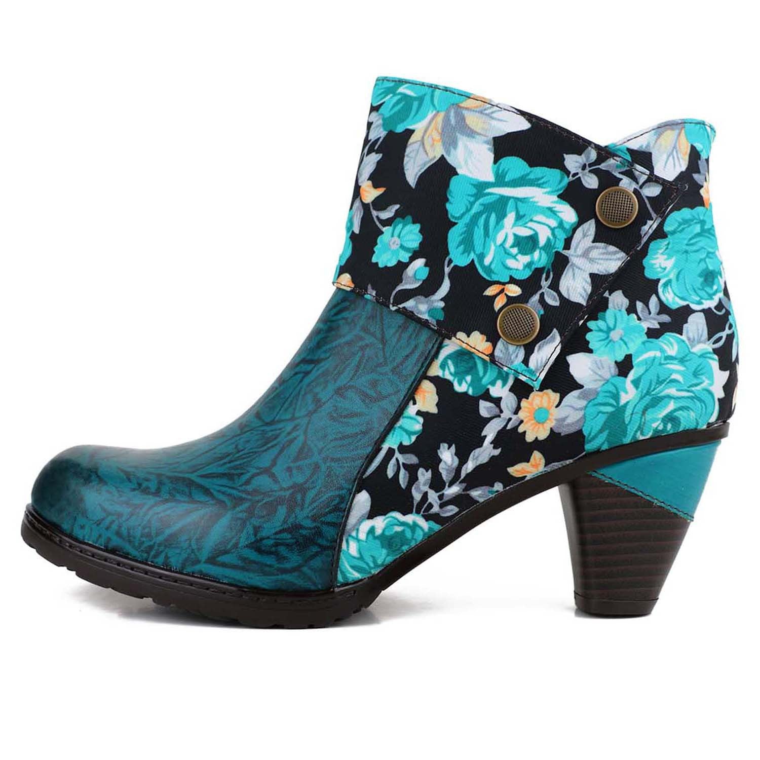 Round Head Printed Leather Ankle Boots