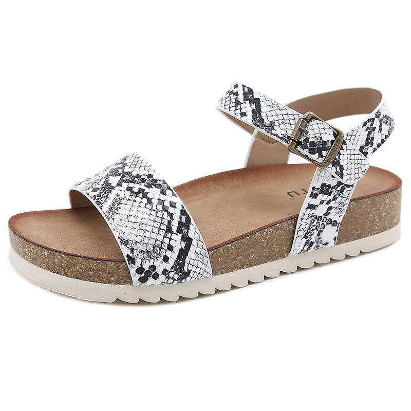 Snake Print Cork Sandals With Ankle Strap