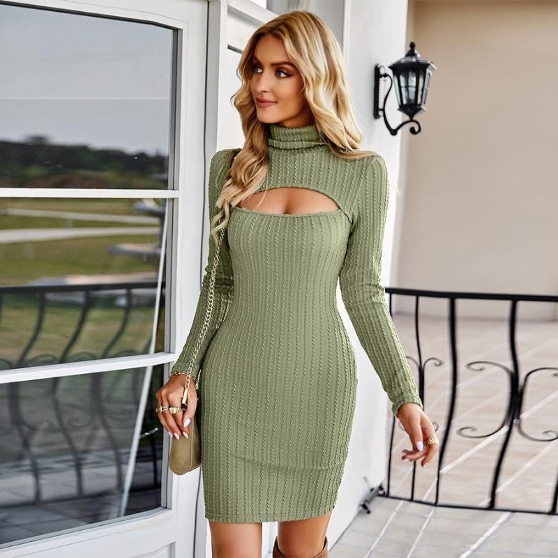 Women s High Neck Long Sleeve Tight Mini Knitted Dress Hollow Out Front Sexy Sweater Dresses Zalor