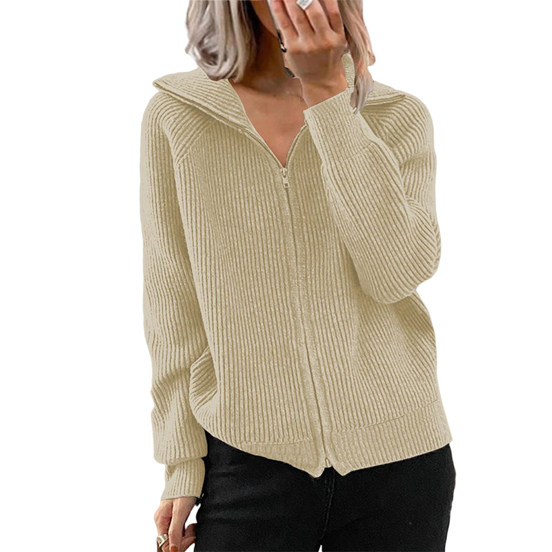 Women's Knit Zip-Up Knit Lapel Sweater Outerwear