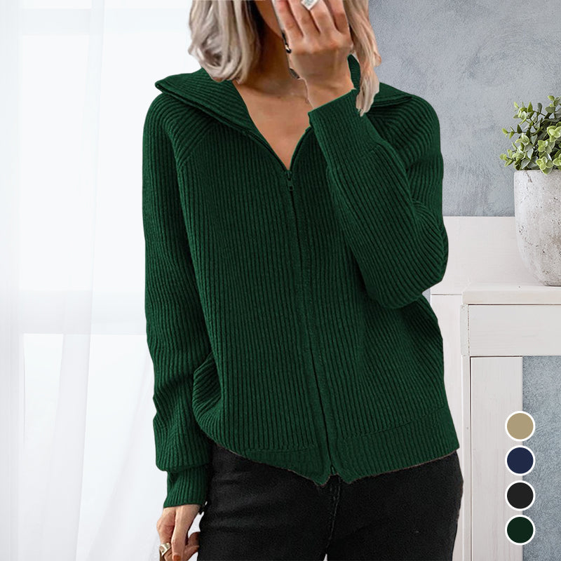 Women's Knit Zip-Up Knit Lapel Sweater Outerwear